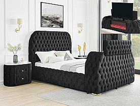 QUEEN NATALIA BLACK FAUX FUR TV/FIREPLACE BEDSET